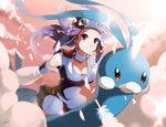  1girl altaria anpolly aviator_goggles aviator_hat aviator_helmet bird breasts choker cleavage cloud collar feather female flying goggles goggles_on_head gym_leader helmet large_breasts light long_hair nagi_(pokemon) outstretched_arm outstretched_arms pokemon pokemon_(creature) pokemon_(game) purple_eyes purple_hair riding sitting sky smile source_request sunlight sunrise sunset 