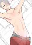  1boy blue_eyes bulge crotch looking_at_viewer lying male_focus nipples silver_hair smile solo topless viktor_nikiforov yuri!!!_on_ice 