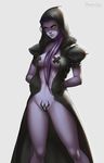  breasts c-string coat cosplay covered_nipples dandon_fuga hands_in_pockets hood hooded_jacket jacket long_coat looking_at_viewer maebari medium_breasts naked_coat navel open_clothes open_coat overwatch pasties ponytail purple_hair purple_skin reaper_(overwatch) reaper_(overwatch)_(cosplay) smile solo stomach widowmaker_(overwatch) yellow_eyes 