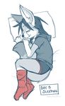  2016 anthro bed canine clothed clothing english_text eyes_closed fangs fennec fox hoodie inside izium_ebonfloe legwear male mammal pillow prettyokaymrfox restricted_palette simple_background sketch sleeping socks solo text underwear white_background 