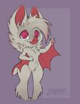  anthro bat big_eyes breasts cheek_tuft chest_tuft chibi digital_drawing_(artwork) digital_media_(artwork) feranta flat_colors front_view fur grey_fur head_tuft inner_ear_fluff lune_(devilswish) mammal naturally_censored no_pupils nude pawpads pink_eyes purple_background red_nose red_pawpads signature simple_background tuft 