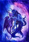  2014 blue_eyes blue_feathers blue_hair cutie_mark dalagar dragon duo equine eyelashes feathered_wings feathers female feral friendship_is_magic hair hooves horn male mammal membranous_wings my_little_pony nude princess_luna_(mlp) smile traditional_media_(artwork) white_hair winged_unicorn wings 