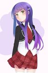  anne_happy blush commentary_request frown green_eyes hair_ornament hibarigaoka_ruri long_hair long_sleeves looking_at_viewer mkt plaid plaid_skirt pleated_skirt purple_hair school_uniform shirt simple_background skirt solo standing thighhighs white_legwear white_shirt zettai_ryouiki 