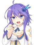  :d ahoge anemone_(flower_knight_girl) bad_id bad_pixiv_id blue_bow blue_eyes bow chopsticks feeding flower_knight_girl food hair_ornament hairclip highres long_hair open_mouth pov_feeding purple_hair shinopoko shirt smile solo upper_body white_background white_shirt 