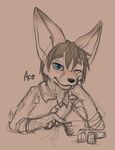  2016 alcohol anthro bar bedroom_eyes beverage blue_eyes blush canine clothed clothing drunk english_text fennec flirting fox half-closed_eyes inside looking_at_viewer male mammal one_eye_closed pink_background prettyokaymrfox restricted_palette seductive shots simple_background sitting sketch solo text 