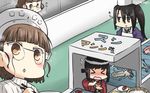  &gt;_&lt; apron black_hair blush brown_hair chef_hat chopsticks closed_eyes commentary conveyor_belt dated fish flat_top_chef_hat flying_sweatdrops food fubuki_(kantai_collection) glasses hamu_koutarou happi hat headdress highres japanese_clothes kantai_collection long_hair multiple_girls nachi_(kantai_collection) open_mouth pince-nez remodel_(kantai_collection) roma_(kantai_collection) sparkle squid sushi translated 