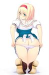  alice_margatroid ass bad_anatomy blonde_hair blue_eyes blush boots capelet dress dress_lift from_behind hairband kneeling looking_back panties panty_pull short_hair solo touhou underwear uro 