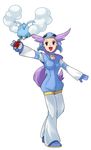  1girl bird full_body gloves goggles goggles_on_head gym_leader helmet holding holding_poke_ball long_hair nagi_(pokemon) open_mouth outstretched_arm pokeball pokemon pokemon_(creature) pokemon_(game) pokemon_rse ponytail purple_eyes purple_hair shoes simple_background smile standing swablu white_background 