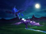  2015 blue_eyes blue_feathers blue_fur blue_hair cutie_mark dalagar detailed_background dragon duo equine feathered_wings feathers female feral flying friendship_is_magic fur hair horn male mammal membranous_wings moon my_little_pony night nude open_mouth outside princess_luna_(mlp) sky star starry_sky teeth white_hair winged_unicorn wings 