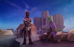  anthro barefoot blue_eyes clothed clothing crossed_arms dalagar detailed_background duo female green_scales holding_object horn male red_scales scales scalie sitting sky smile staff standing star starry_sky twilight 