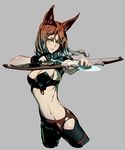  aiming animal_ears arrow black_bikini_top black_gloves black_panties black_pants bow_(weapon) breasts brown_hair choker cleavage cropped_jacket cropped_legs drawing_bow emje_(uncover) energy_arrow floating_hair gloves green_eyes grey_background hair_between_eyes hip_vent holding holding_bow_(weapon) holding_weapon lips long_hair medium_breasts midriff nadine_(unlight) outstretched_arm panties pants parted_lips partly_fingerless_gloves simple_background single_glove skin_tight solo underwear unlight weapon 