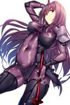  bodysuit breasts covered_navel fate/grand_order fate_(series) gae_bolg highres large_breasts long_hair nonohachi pauldrons polearm purple_bodysuit purple_hair red_eyes scathach_(fate)_(all) scathach_(fate/grand_order) simple_background skin_tight solo spear thighhighs weapon white_background 