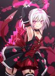  alice_(mary_skelter) armpits arms_behind_head arms_up black_legwear blush breasts cleavage collar cowboy_shot detached_sleeves dress garter_straps gloves hairband heart_collar licking_lips looking_at_viewer mary_skelter mizunashi_(second_run) o-ring pink_eyes red_dress red_ribbon ribbon sleeveless slit_pupils small_breasts solo splatter sword thighhighs tongue tongue_out weapon white_hair 