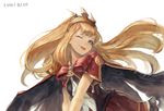  1girl 2016 alternate_eye_color bad_id bad_pixiv_id bangs black_vest blonde_hair blue_eyes bow cagliostro_(granblue_fantasy) cape closed_mouth dated floating_hair granblue_fantasy hairband long_hair miniskirt red_bow red_skirt simple_background skirt smile solo spikes takup tongue tongue_out upper_body v_arms vest white_background 