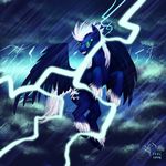  2014 blue_eyes blue_feathers blue_fur blue_hair cutie_mark dalagar equine fan_character feathers feral fur hair hooves lightning male mammal my_little_pony night nude outside pegasus smile solo storm wings 