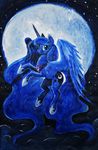  2014 blue_eyes blue_feathers blue_hair cutie_mark dalagar equine eyelashes feathered_wings feathers female feral flying friendship_is_magic hair hooves horn looking_at_viewer mammal moon my_little_pony night nude outside princess_luna_(mlp) smile solo traditional_media_(artwork) winged_unicorn wings 