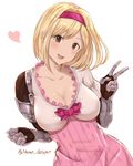  :d blonde_hair blush breasts brown_eyes cleavage collarbone djeeta_(granblue_fantasy) dress fighter_(granblue_fantasy) gauntlets granblue_fantasy hairband heart looking_at_viewer medium_breasts moshoko_(mizuneroku) open_mouth pink_dress pink_hairband puffy_short_sleeves puffy_sleeves short_hair short_sleeves simple_background smile solo twitter_username v white_background 