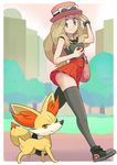  adjusting_hair bag black_legwear blonde_hair bracelet brown_hair eyewear_on_headwear fennekin gameguran gen_6_pokemon grey_eyes handbag hat holding holding_poke_ball jewelry long_hair looking_at_viewer md5_mismatch outdoors poke_ball pokemon pokemon_(creature) red_eyes red_skirt serena_(pokemon) shoes sideways_glance skirt smile smug sunglasses thighhighs walking 