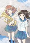  black_hair brown_eyes brown_hair euphonium hami_(lvct) hibike!_euphonium instrument kasaki_nozomi long_hair multiple_girls open_mouth oumae_kumiko ponytail puddle salute school_uniform serafuku short_hair smile standing 