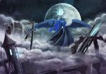  2016 absurd_res blue_eyes blue_feathers blue_hair cloak clothing dalagar detailed_background equine feathered_wings feathers female feral friendship_is_magic gear hair hi_res horn mammal melee_weapon mist moon my_little_pony night outside princess_luna_(mlp) sky solo star starry_sky sword weapon winged_unicorn wings 