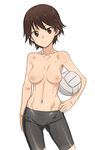  bike_shorts black_eyes black_hair breasts collarbone girls_und_panzer hand_on_hip holding isobe_noriko looking_at_viewer navel nipples short_hair simple_background small_breasts solo sweat tenchisouha topless volleyball white_background 
