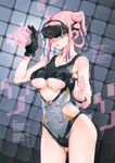  ass_visible_through_thighs black_gloves blue_hair breasts collarbone cowboy_shot double_bun gloves groin highres holographic_interface medium_breasts mhk_(mechamania) multicolored_hair original parted_lips pink_hair purple_hair sidelocks single_glove solo tied_hair vr_visor wire 