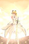 ahoge artoria_pendragon_(all) bare_shoulders blonde_hair caliburn detached_sleeves dress fate/grand_order fate/stay_night fate/unlimited_codes fate_(series) green_eyes highres mao_mao_wansui saber saber_lily solo sword thighhighs type-moon weapon 