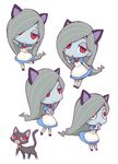  4girls alternate_color animal blue_skin cat cat_ears chibi closed_mouth dress full_body half-closed_eyes hijiri_rei linze long_hair looking_at_viewer multiple_persona open_mouth red_eyes ribbon simple_background striped_legwear ushimitsu_monstruo white_background 