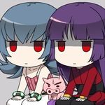  00s 2girls 90s akira_(natsumemo) bangle blue_hair bracelet chibi dual_persona expressionless gym_leader hime_cut jewelry jitome long_hair looking_at_viewer lowres multiple_girls natsume_(pokemon) nintendo pantyhose pig pokemon pokemon_(game) pokemon_frlg pokemon_hgss purple_hair red_eyes rgby seiza sitting 