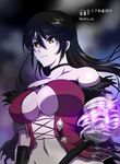  bandaged_arm bandages bare_shoulders black_choker black_hair breasts choker closed_mouth collarbone commentary_request expressionless groin hatoya_mameshichi large_breasts long_hair midriff navel revealing_clothes solo tales_of_(series) tales_of_berseria torn_clothes twitter_username underboob upper_body velvet_crowe yellow_eyes 