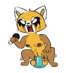  2016 aggressive_retsuko angry anthro breasts brown_nipples dildo eyelashes female hi_res japanese makeup mammal masturbation microphone nipples nude pussy red_panda retsuko ringed_tail samoyena sex_toy simple_background slightly_chubby solo spread_legs spreading 