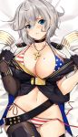  1girl american_flag_bikini azur_lane back bangs bikini black_footwear black_gloves blue_eyes boots breasts choker cleavage clothes_tug cross cross_necklace dakimakura eyebrows_visible_through_hair flag_print gloves hair_between_eyes jewelry large_breasts looking_at_viewer lying mole mole_on_breast navel necklace on_back parted_lips pleated_skirt short_hair side-tie_bikini silver_hair skirt skirt_removed smile swimsuit thigh_boots thighhighs thighs tony_guisado untied untied_bikini washington_(azur_lane) 