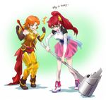  cosplay costume_switch english full_body heavy iesupa multiple_girls nora_valkyrie orange_hair over_shoulder pyrrha_nikos red_hair rwby shield sword sword_over_shoulder warhammer weapon weapon_over_shoulder 