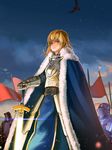 armor armored_dress artoria_pendragon_(all) bird blonde_hair cape excalibur fate/stay_night fate_(series) full_armor fur-trimmed_cape fur_trim hand_on_hilt highres knight looking_at_viewer melvin_lam planted_weapon saber solo_focus type-moon weapon 