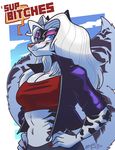  anthro big_breasts blue_eyes breasts clothing crankydove dialogue english_text eyeshadow feline female fluffy fluffy_tail fur grin hair hybrid jacket long_hair makeup mammal midriff pink_nose skunk smile stripes text tiger white_fur white_hair zig_zag 