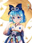  bare_shoulders blue_bow blue_eyes blue_hair blush bow commentary_request detached_sleeves falling_leaves flat_chest hair_bow hair_ornament heishan highres leaf looking_at_viewer onmyoji sash short_hair solo tongue tongue_out upper_body white_background wide_sleeves ying_grass 