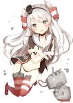  amatsukaze_(kantai_collection) black_hairband black_panties breasts brown_eyes collarbone covering covering_breasts eyebrows eyebrows_visible_through_hair garter_straps hair_ornament hairband highres kantai_collection long_hair looking_at_viewer open_mouth panties red_legwear rensouhou-kun shirt side-tie_panties silver_hair simple_background small_breasts solo striped striped_legwear tears thighhighs torn_clothes torn_legwear torn_shirt umibouzu_(niito) underwear white_background 