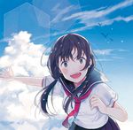  bird black_eyes blush brown_hair cloud commentary day happy hexagon leaning_forward light_particles long_hair looking_at_viewer open_mouth original outstretched_arm school_uniform serafuku shinobu_(kobanatu) sky smile solo 