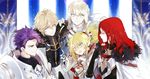  4boys armor bedivere blonde_hair blue_eyes cape fang fate/apocrypha fate/extra fate/grand_order fate_(series) flower fur_trim gawain_(fate/extra) green_eyes hair_flower hair_ornament knight lancelot_(fate/grand_order) long_hair mordred_(fate) mordred_(fate)_(all) multiple_boys open_mouth ponytail purple_hair red_hair red_scrunchie scrunchie smile suou tristan_(fate/grand_order) 