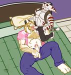  2016 abs alister_azimuth anso/rez anthro asgore_dreemurr beard bed bedroom blonde_hair body_hair boss_monster bulge caprine chest_hair clenched_teeth clothed clothing crossover duo erection eyes_closed facial_hair fellatio fur goat hair hairy hi_res horn humanoid_penis kneeling licking lombax lying male male/male mammal muscular muscular_male on_back one_eye_closed open_pants open_shirt oral pecs penis penis_lick pillow precum raised_shirt ratchet_and_clank sex sideways_oral stripes teeth tongue tongue_out undertale video_games white_fur 