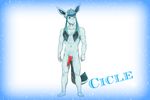  2016 animal_genitalia animal_penis anthro balls blue_eyes canine canine_penis cicle_(character) digital_media_(artwork) eeveelution erection fan_character fur glaceon hair knot male mammal nintendo nude penis pok&eacute;mon scar simple_background smile snow solo video_games 