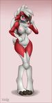  2016 anthro anthrofied areola big_breasts black_fur black_nose breasts canine claws english_text female fur lycanroc mammal navel nintendo nipples nude pink_background pink_eyes pink_nipples pok&eacute;mon pok&eacute;morph pussy red_fur sharp_teeth signature simple_background smile solo teeth text toe_claws video_games voider_(artist) white_fur wide_hips 