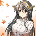  alternate_costume artist_name black_hair breasts brown_eyes commentary_request eyebrows eyebrows_visible_through_hair falling_leaves gradient gradient_background hair_between_eyes hair_ornament hairclip haruna_(kantai_collection) headgear highres kantai_collection large_breasts leaf long_hair looking_at_viewer remodel_(kantai_collection) ribbed_sweater shawl shiny shiny_hair smile solo sweater the-sinner turtleneck white_background white_sweater 