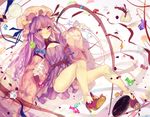  :o bad_id bad_pixiv_id bangs bare_legs blue_bow blunt_bangs blush bow candy crescent crescent_hair_ornament cup daimaou_ruaeru doughnut dress food gloves hair_bow hair_ornament hat high_heels highres long_hair long_sleeves mob_cap patchouli_knowledge purple_eyes purple_hair red_bow red_ribbon ribbon shoes short_dress sitting solo sparkle striped striped_dress tea teacup touhou very_long_hair white_gloves wide_sleeves 