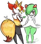  blush braixen breast_envy breasts crossed_arms fox gen_3_pokemon gen_6_pokemon green_hair kirlia large_breasts no_humans no_pussy pokemon pokemon_(creature) red_eyes skirt small_breasts stick teddy_jack thick_thighs thighs white_skin 