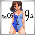  apple_inc. black_eyes border breasts brown_hair cleavage lowres macintosh short_hair small_breasts solo swimsuit yoshizaki_mine 
