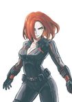  absurdres black_widow bodysuit breasts cleavage gauntlets hair_over_one_eye highres marvel medium_breasts natasha_romanoff orange_eyes orange_hair shiori_lee_jeng smile solo zipper 