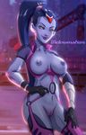  1girl adapted_costume areolae blue_hair blue_skin breasts character_name crisisbeat dark_nipples gloves lips long_hair navel overwatch ponytail pussy smile solo uncensored widowmaker_(overwatch) yellow_eyes 