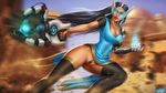  1girl artist_name black_hair black_legwear breasts cleavage dark_skin dress earrings gun highres hips jewelry large_breasts long_hair mechanical_arm nail_polish necklace no_panties overwatch parted_lips pelvic_curtain personal_ami pubic_hair pussy solo symmetra_(overwatch) teeth thighhighs uncensored visor weapon 