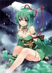  absurdres bare_shoulders breasts cleavage green_eyes green_hair highres jewelry medium_breasts open_mouth original refeia ribbon scan sitting solo 